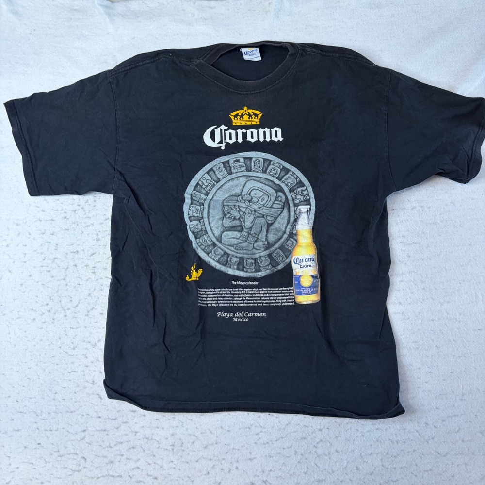 Corona Graphic T-Shirt Mens XL Black Maya Calendar Playa del Carmen Mexico